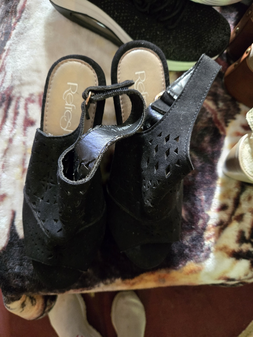 Reflex Black Laser-Cut Suede Slingback Wedge Sandals